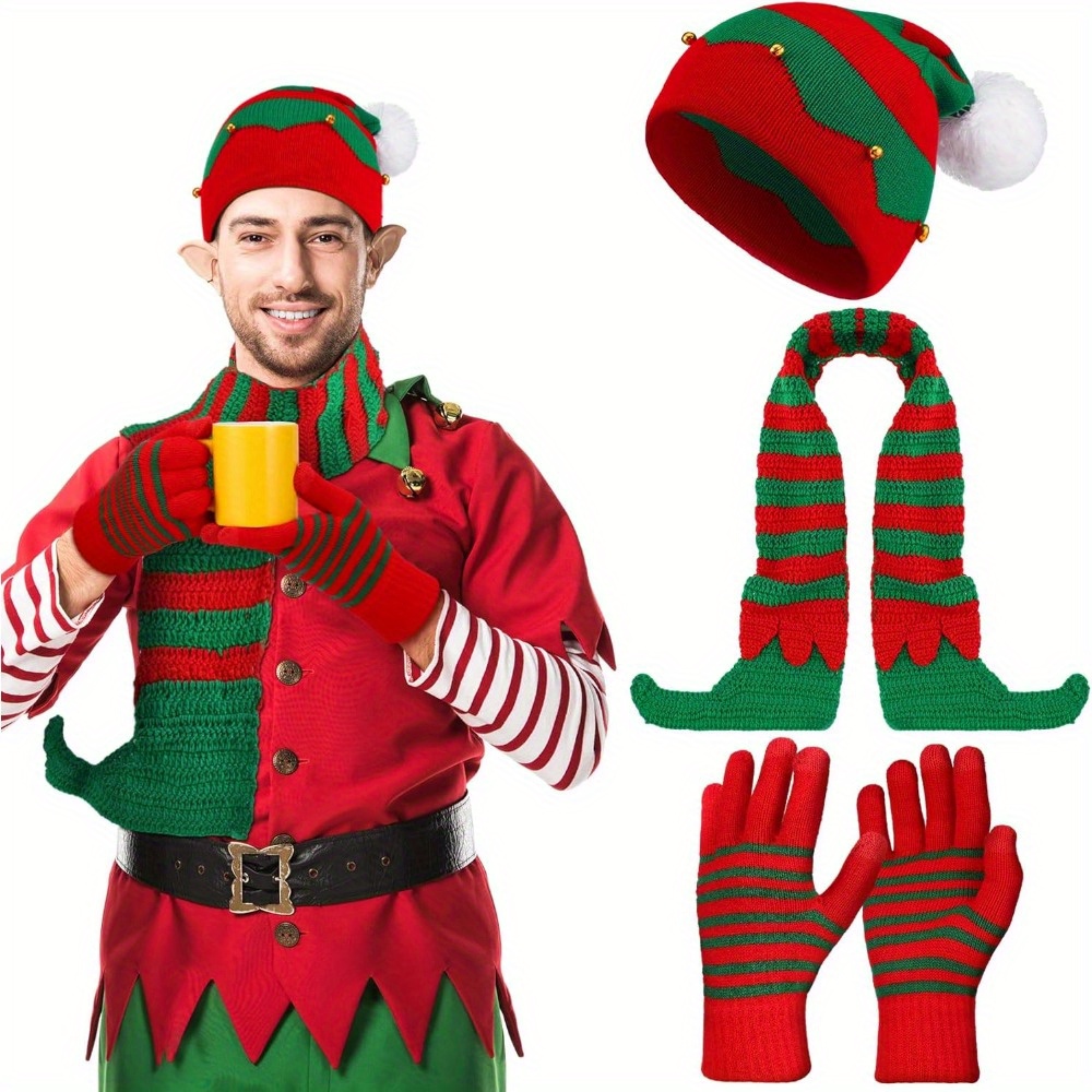 

3pcs Christmas Hat Gloves Set, Unisex Christmas Gifts, Christmas Knitted Elf Hat For