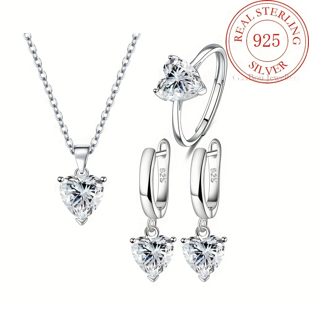 

925 Sterling Silver Romantic Heart-shaped Cubic Zirconia Necklace, Ring, And Earrings Set - Sexy & Elegant Jewelry For Anniversary, Valentine's Day Gift