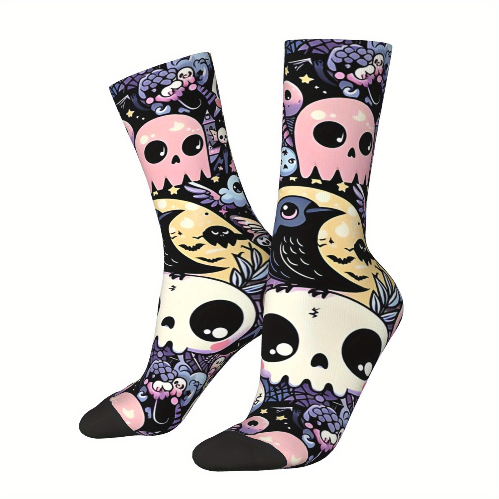 

1 Pair Skull & Knee-high Socks, Retro Hip Hop Gothic , Polyester Crew Socks With Support For Men And Women, Novelty Socks