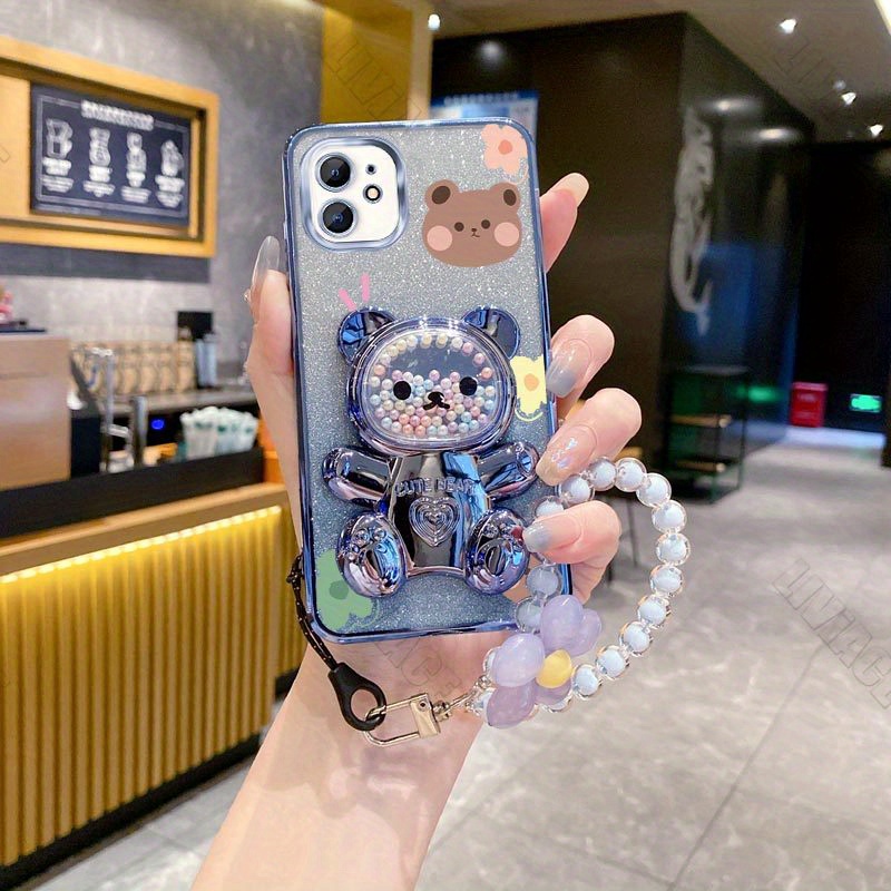 TEMU Cute Bear Phone Holder Case With A Flower Strap And Glitter For Iphone 12, Serving As A Stand