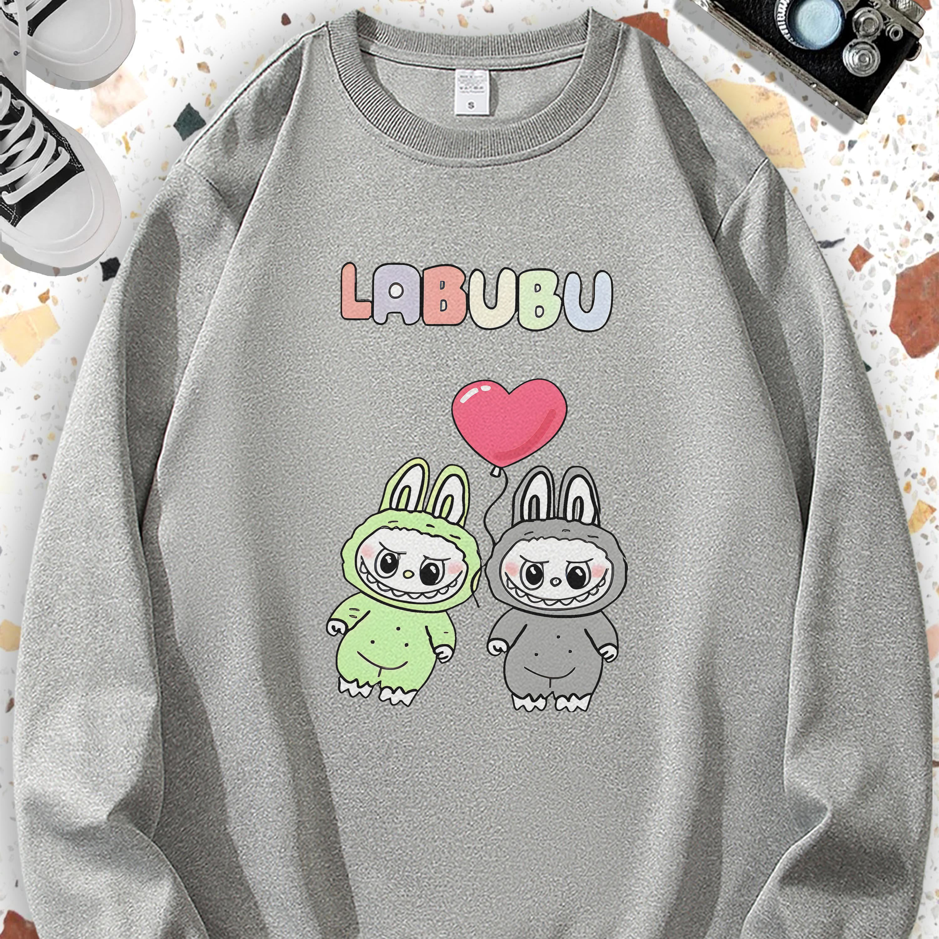 

Women's Pullover Sweatshirts - Polyester Knit Fabric, Casual Crew Neck, Long Sleeve Tops With Slight Stretch, Geometric Pattern, All Season Comfort - Labubu Cartoon Design