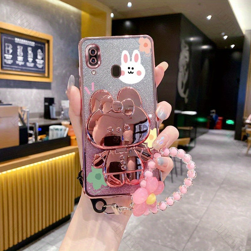 

Flower Strap Glitter Bling Makeup Mirror Rabbit Phone Holder Case A20 Samsunggalaxya20