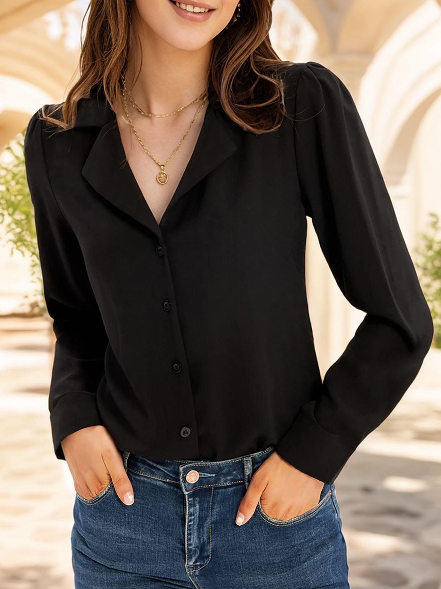 2024 New Women Casual Button Down Shirts V Neck Long Sleeve Collared Office Work Blouse Fashion Top With Pocket High Neck Blouses (Black, S