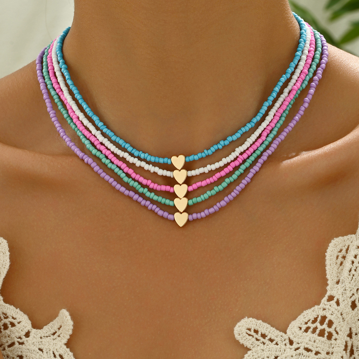 TEMU Random Quantity Of Rice Beads, 5 Strands, Bohemian Fashion Versatile, Heart-shaped, Colorful Rice Beads, Hand-woven Stacked Women's Necklace, Suitable For Daily Autumn And Winter Wear