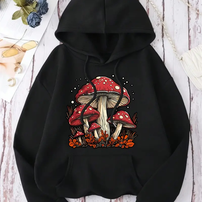 

Women's Cute Mushroom Graphic Hoodie - Cozy Long Sleeve Pullover With Kangaroo Pocket & Drawstring, Casual Autumn/winter Wear