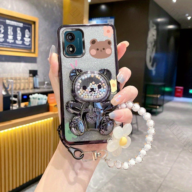 TEMU Phone Case: E 13 Flower Strap Glitter Bling Cute Bear Phone Holder Case For Motorola Moto E13 Motoe13