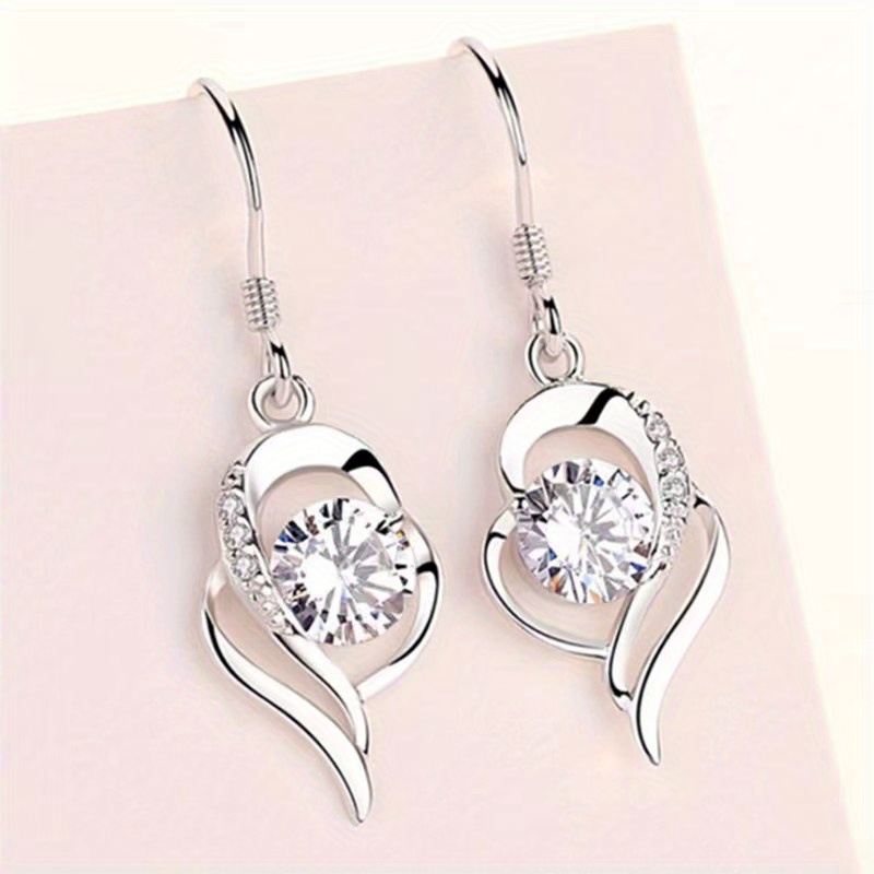 

1 Pair Of Exquisite S925 Sterling Silver Heart-shaped Zirconia Pendant Earrings - Crystal Decoration, Hypoallergenic, Nickel Free, Proposals, Birthdays, Anniversary Gifts, And Romantic Occasions