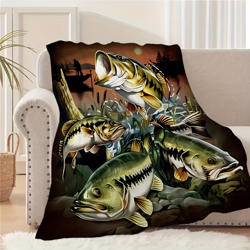 

Fish Pattern Flannel Throw Blanket - Fishing Enthusiasts, Ideal For , Sofa, Camping & Travel - , Hypoallergenic