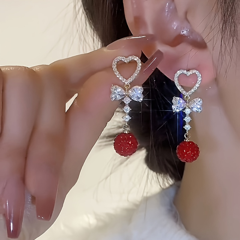 

Elegant Red Heart & Bow Dangle Earrings - Chic Alloy With Sparkling Rhinestones, Casual Attire Or Gifting