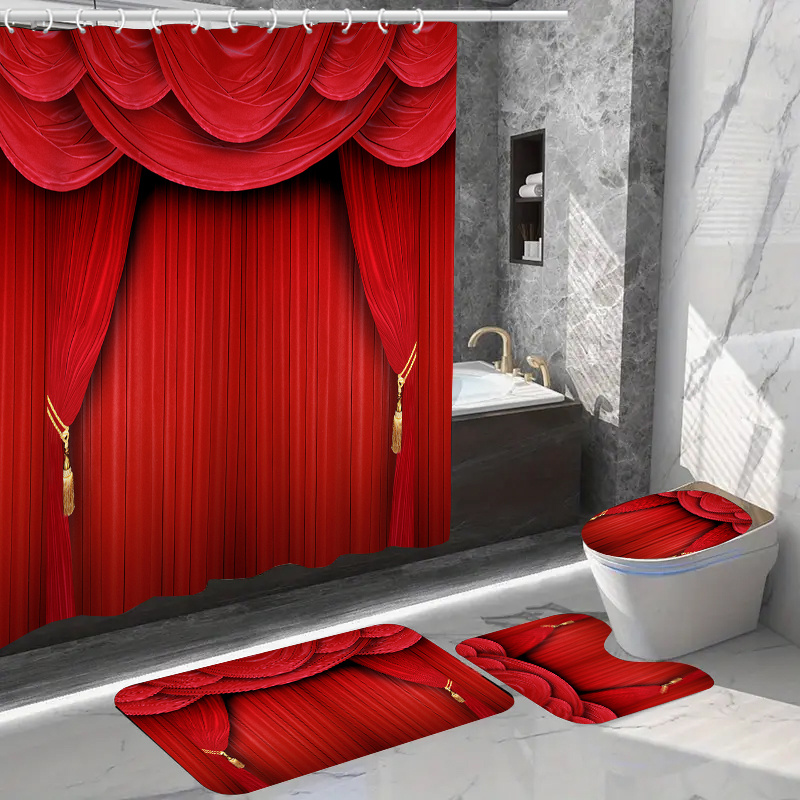 

1/4pcs Red Curtain Pattern Shower Curtain Set, Waterproof Bathroom Curtain With Hooks, Non-slip Rugs, Toilet Lid Cover, And Mat, Bathtub Accessories