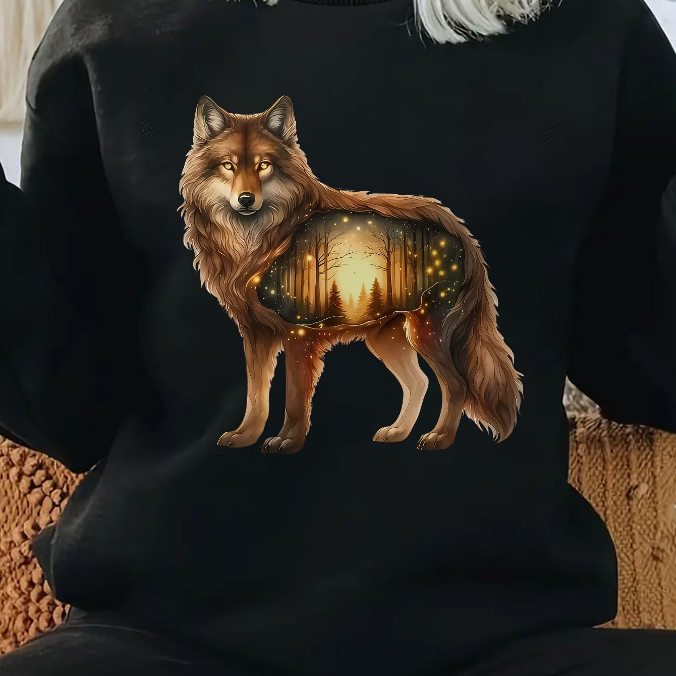 

Women's Cozy Wolf Print Fleece-lined Sweatshirt - Casual Pullover With Round Neck, Polyester , Machine Washable - All