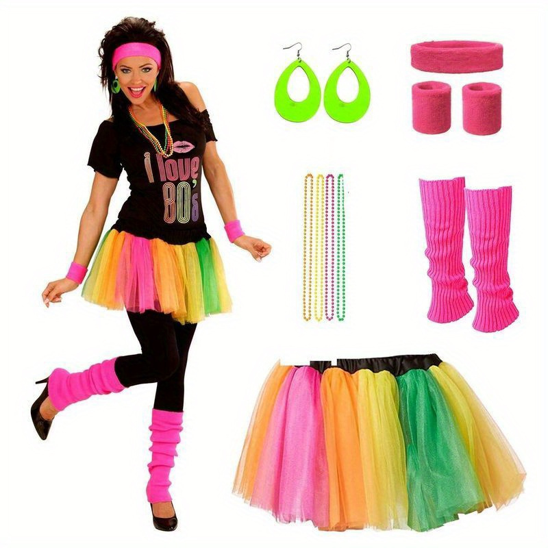 TEMU Retro 80s Set For Women - Includes T-shirt & Skirt, For Events & Parties