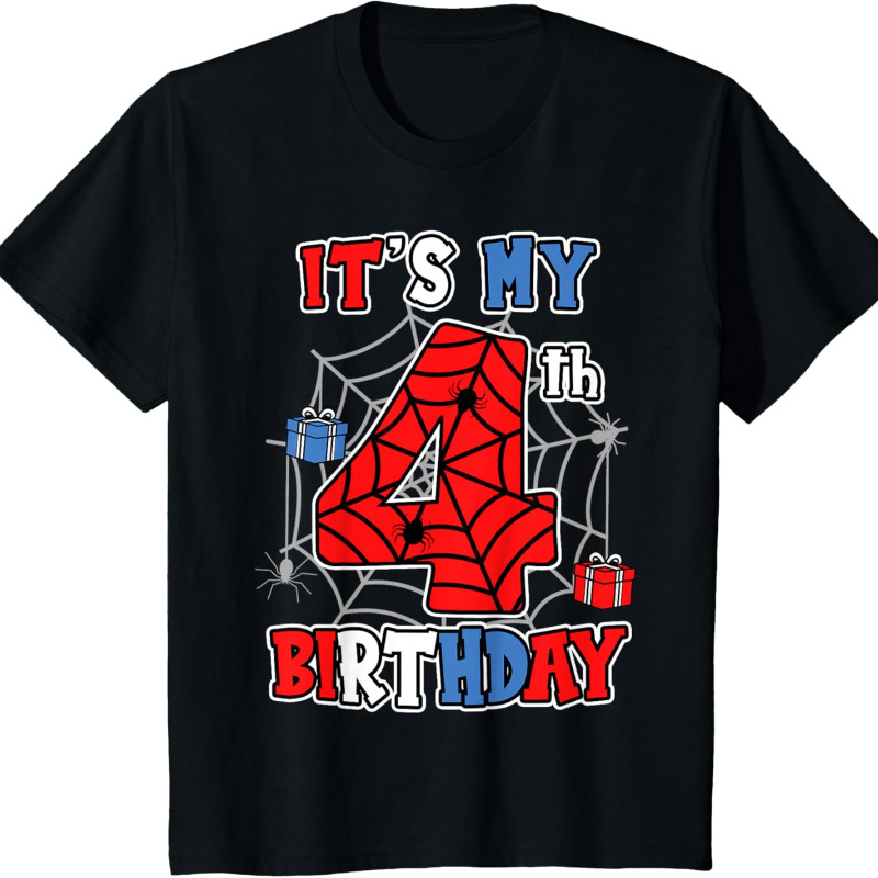 

' 4th Birthday Spider Theme Party 4 Year Old Boys Kids T-shirt Kids Soft Fabric, Breathable, Comfortable Short Sleeve Summer Toddler Boys Shirts Kids