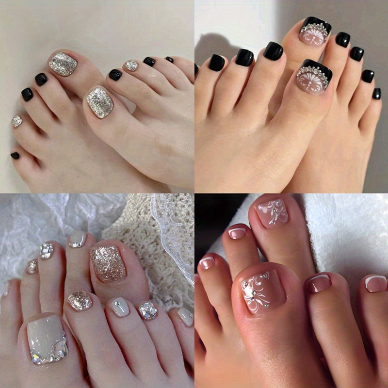 TEMU Of 96pcs, Glitter Toes With Rhinestones, Reusable Women'-on Nails, Elegant Nail Art Design