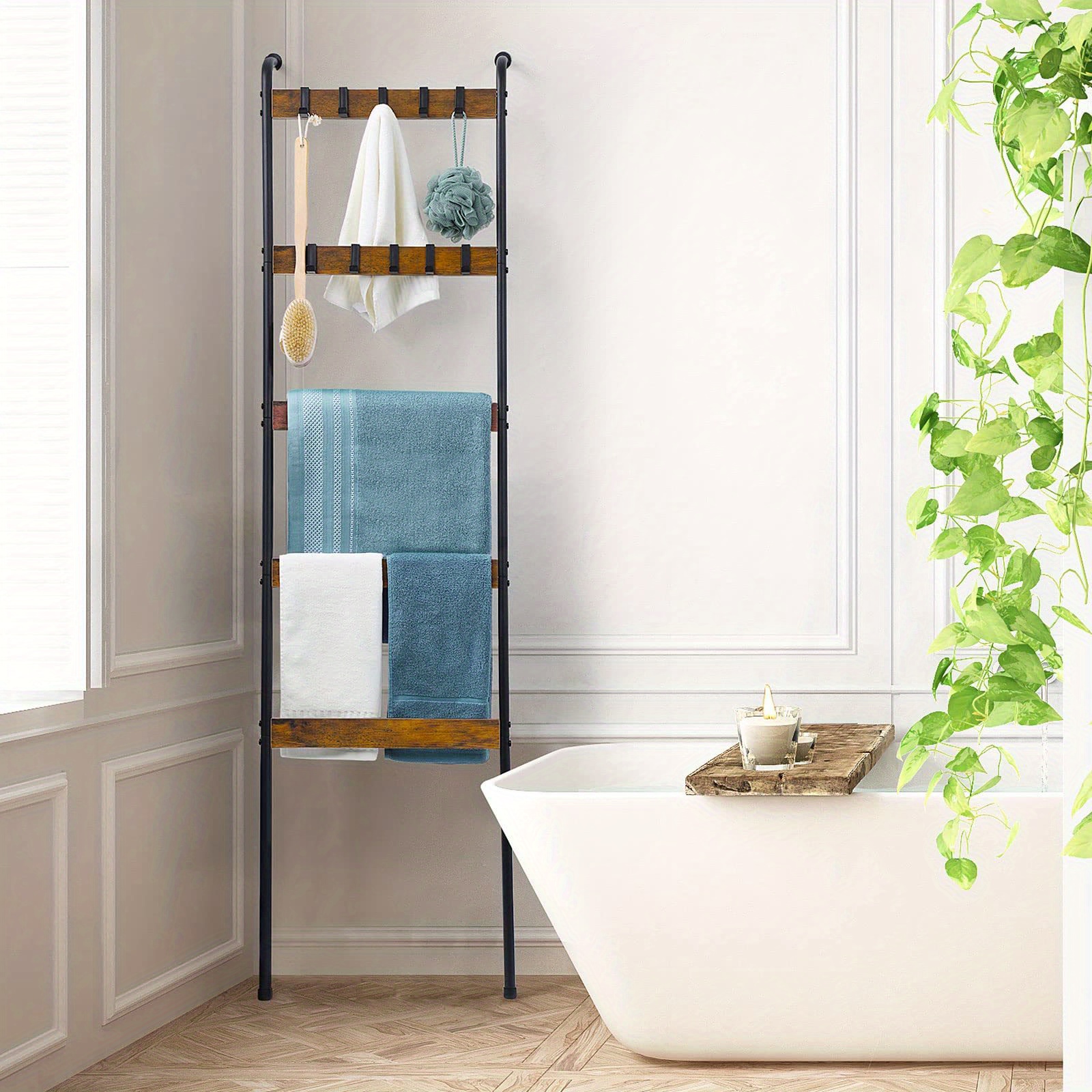 5-tier wall- blanket ladder with 10 removable hooks modern metal