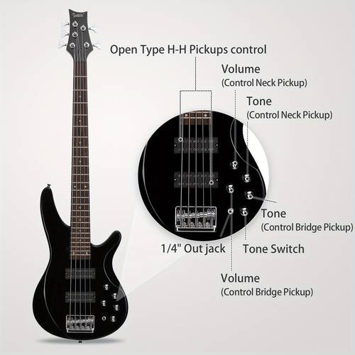 44 inch gib 5 string h h pickup wood fingerboard electric bass guitar with bag and other accessories black
