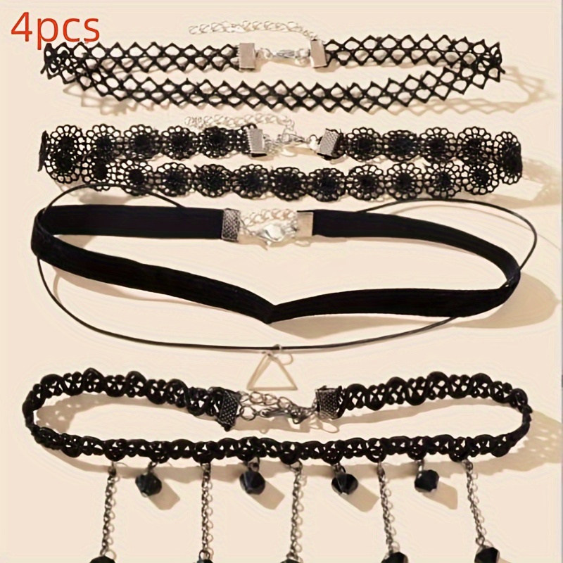 

4pcs Gothic Choker Necklace Set For Women - Fashionable Black Lace With Bead Accents, Parties & Festivals, Necklace, Choker, Goth, Jewelry