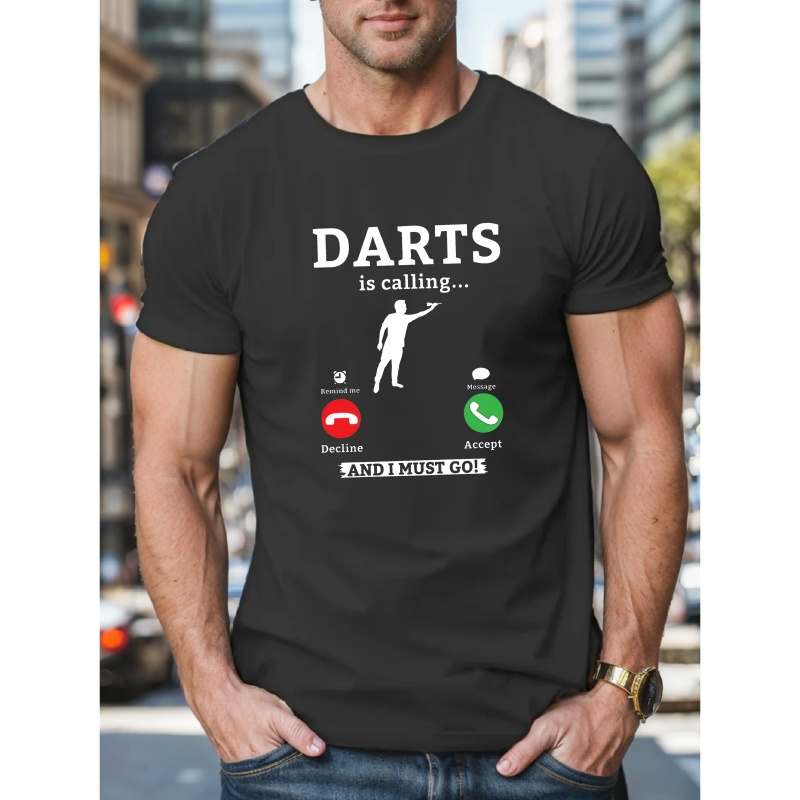 

Men's "darts Is Calling" Graphic Tee - White Casual Summer T-shirt With Humorous Dart Design, Short Sleeves, Polyester Blend, Machine Washable