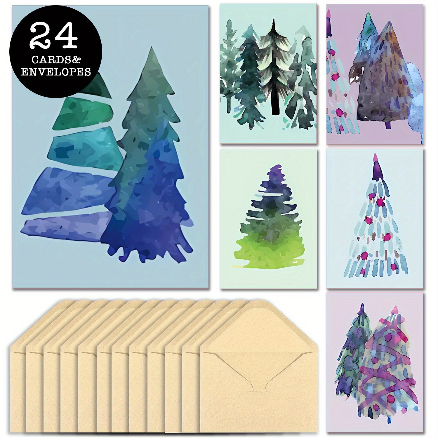 

24-pack Watercolor Christmas Tree Note Set With Envelopes, Assorted Handpainted Holiday Greeting Collection, Multipurpose Seasonal Stationery For Birthday, , & Thanksgiving Wishes