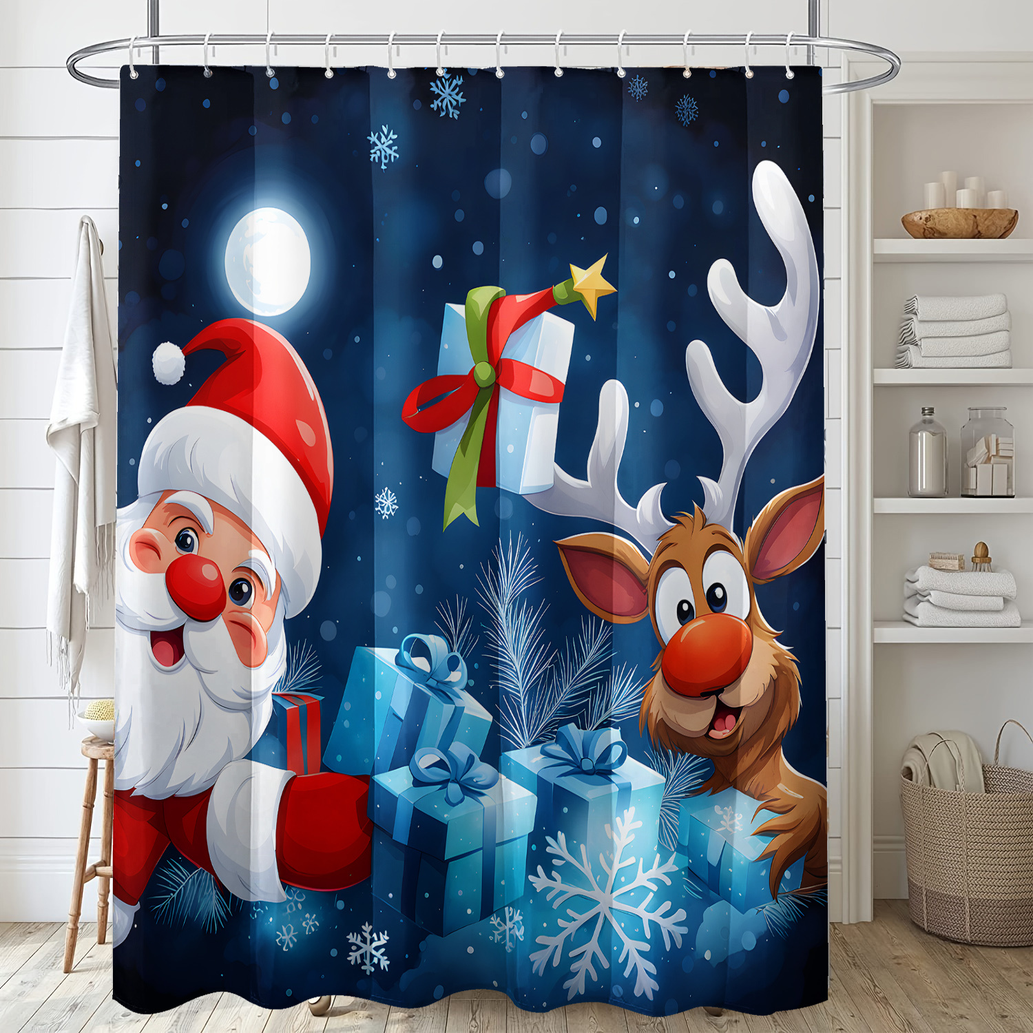 

Santa Claus And Reindeer Christmas Print Shower Curtain, 71x71 Inches, Waterproof Polyester With Hooks, , Ideal For Bathtub And Bathroom Decor, Use, Best For Christmas