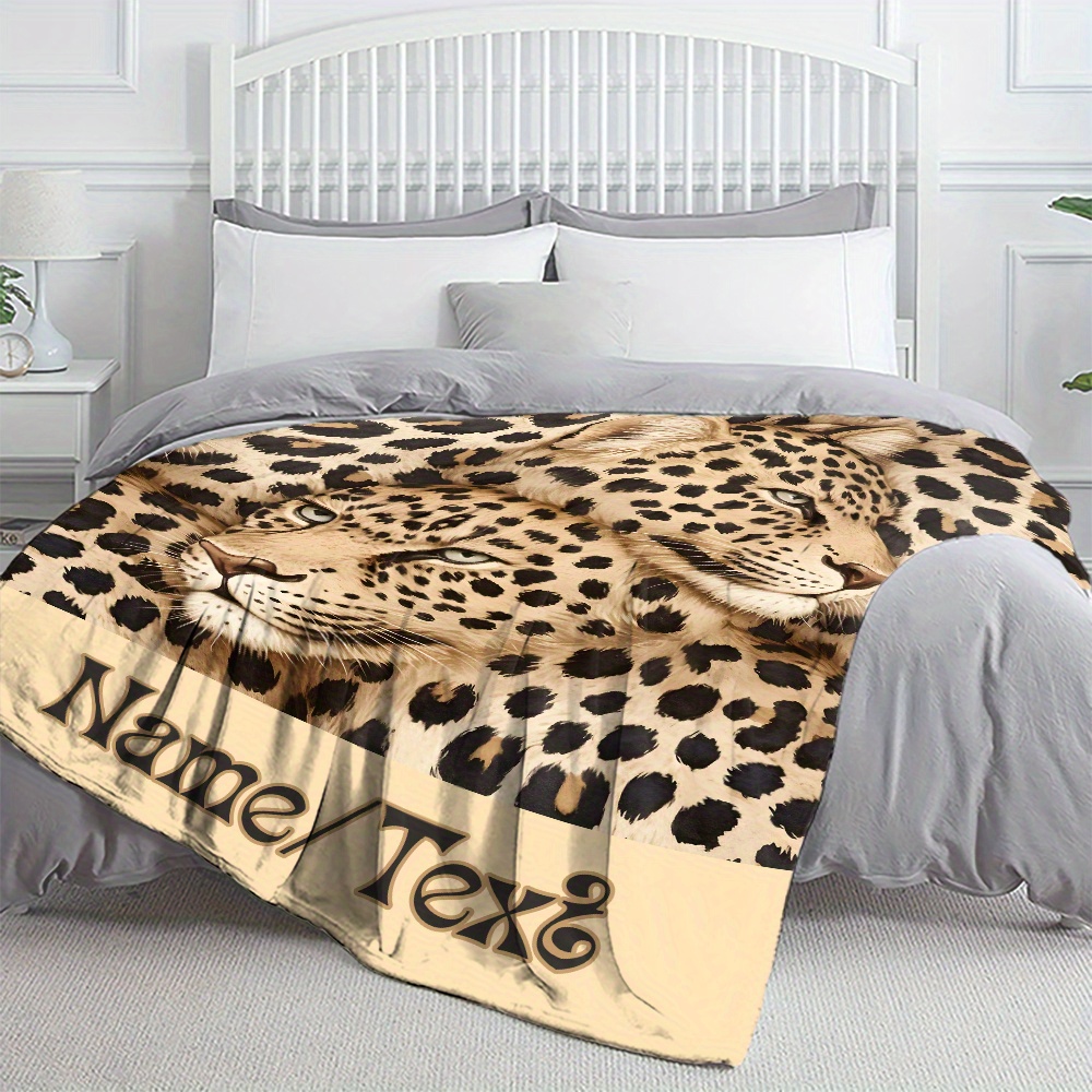 TEMU Custom Name Leopard Design Flannel Throw Blanket - 1pc Personalized Lightweight Cozy Fleece Blanket For Sofa, Bed, Chair - No Feather,