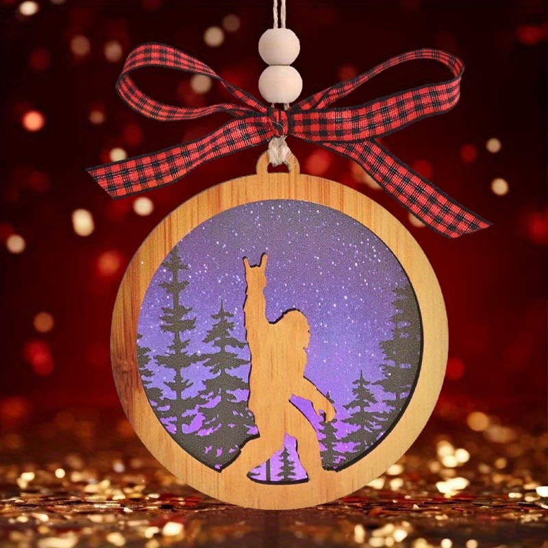 

Sasquatch Silhouette Hanging Christmas Ornament - Wooden Decoration With Acrylic Detail, Festive Bow Lanyard - Unique -themed Gift For Forest & Creature Enthusiasts