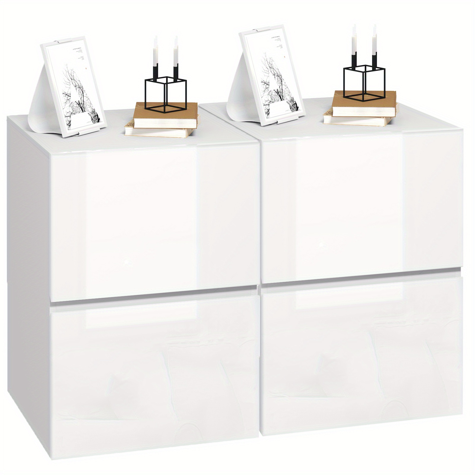 Image of 1pc/ 2pcs White Bedside Table, Bedside Cabinet, Chest Of 2 Drawers With Glossy Panles, Modern Wooden Nightstand, 40x40x58cm, Storage Side Table For Bedroom Living Room
