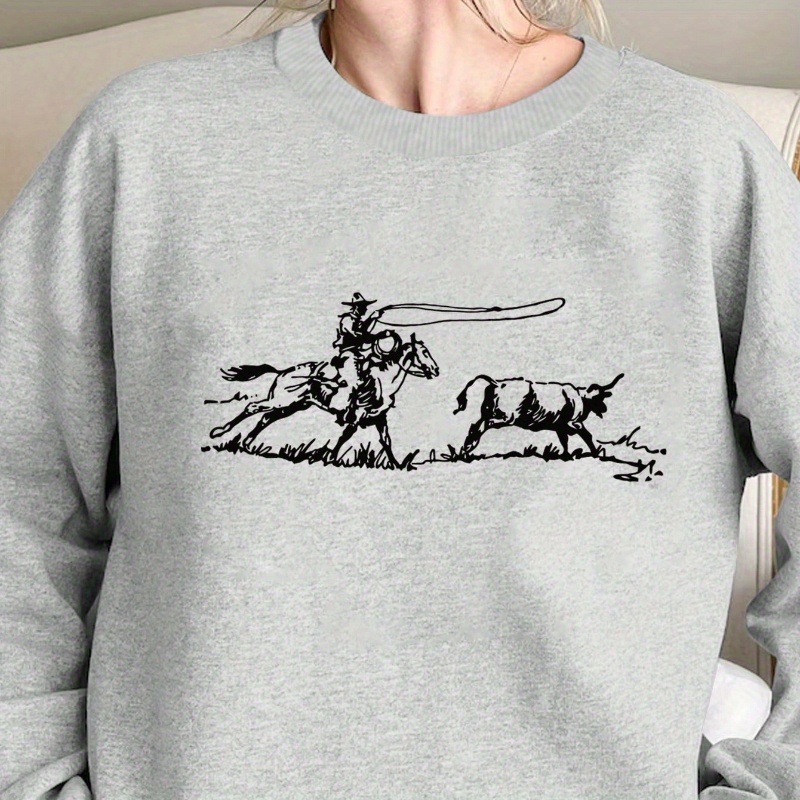 

Western Cowboy Print Sweatshirt, Crew Neck Casual Sweatshirt For Winter & Fall, Women's Clothing