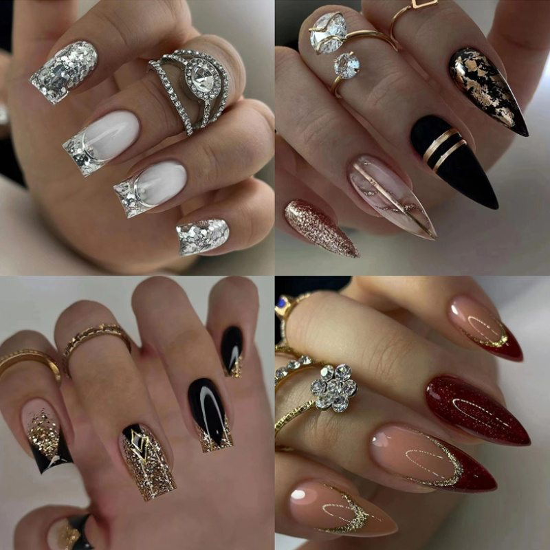 TEMU A Set Of 4 Packs (96 Pieces) Of Shiny Nail Art, Golden Silvery , Delicate Design, Mixed Swirl Line False Nails, Medium Square/almond Gel Nail Set, With Adhesive Labels, Ladies' Nail File