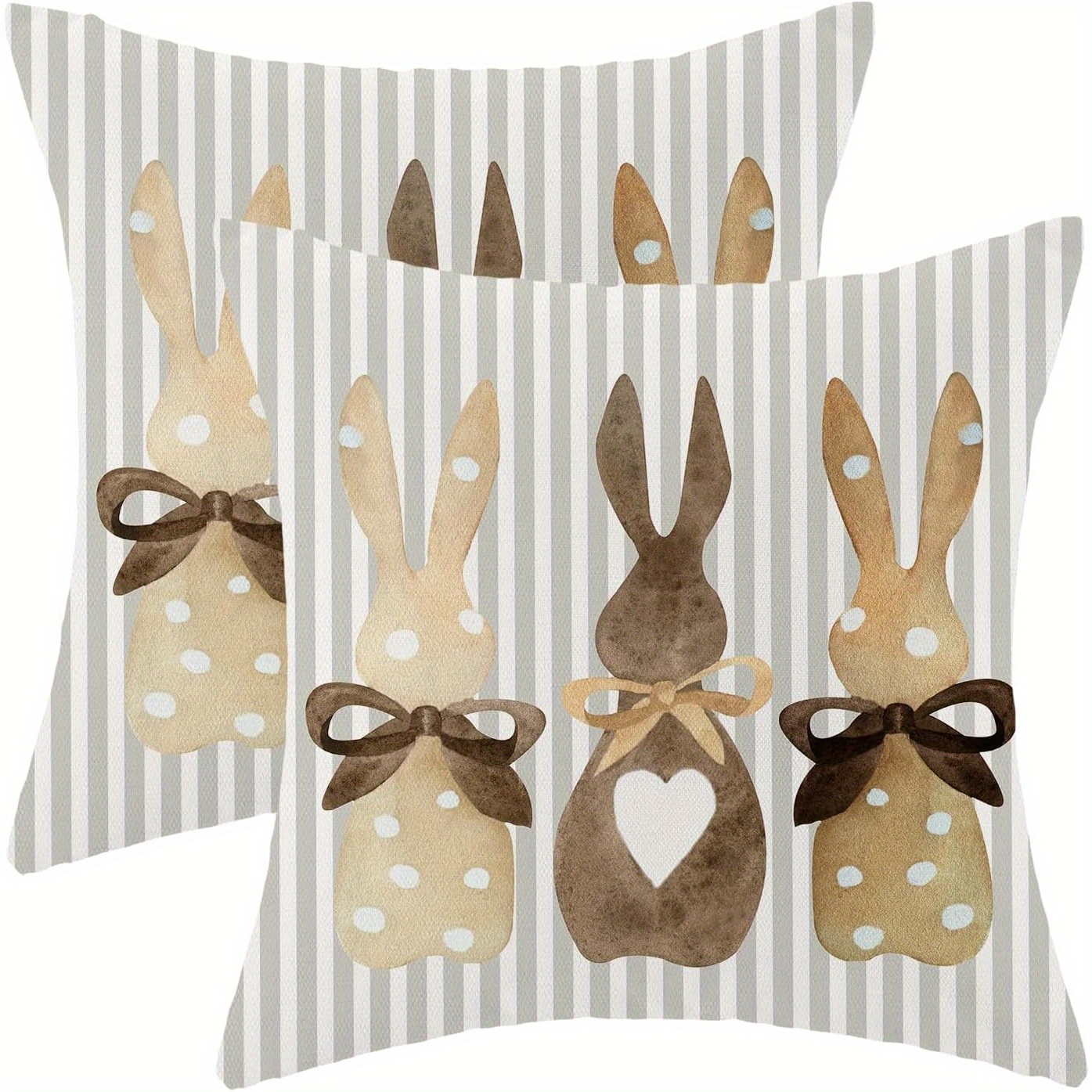 

Easter Bunny Pillow Covers - 2 Pieces, 18"x18", Vintage Gray Striped Design, Spring Bow Ties, Suitable For Sofa, Bed, Or Couch - Machine Washable, Zipper Closure, Polyester Fabric, Contemporary Style