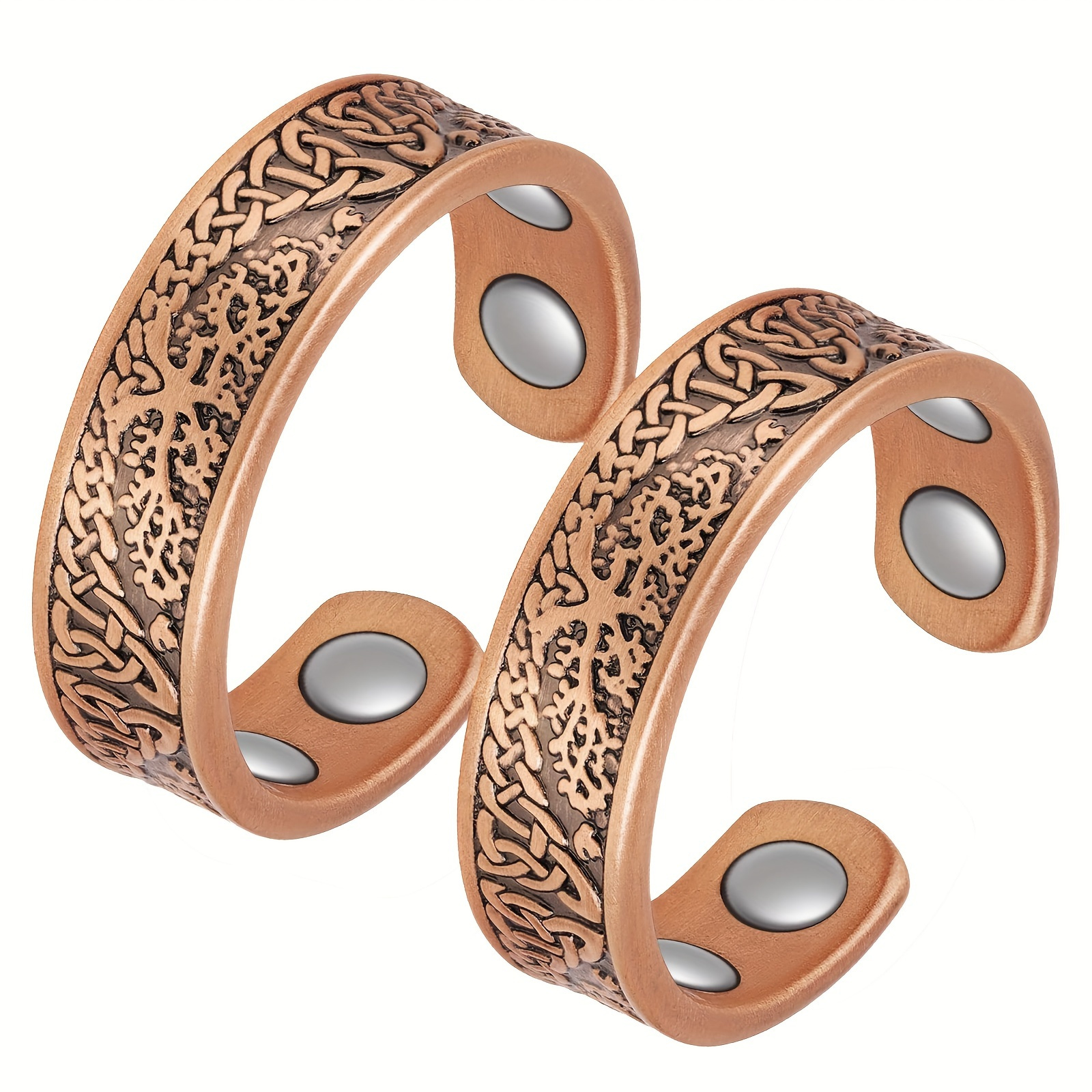 E-shop 2er-Set Magnetringe aus Kupfer mit Magneten, Baum des Lebens Design Magnetische Kupferringe für Herren Verstellbare Kupferringe
