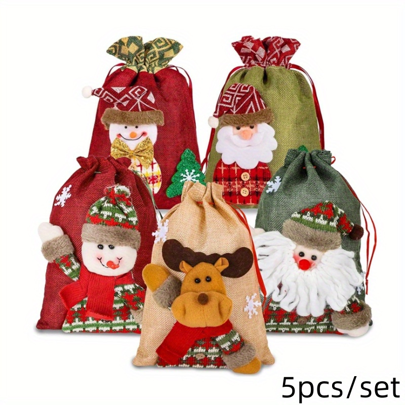 TEMU 5pcs/ Set Drawstring Christmas Gift Bags, 3d Gift Bags, Christmas Wrapping Bags, Goodie Bags, Reusable Christmas Pouch Bags, Sack Stockings,