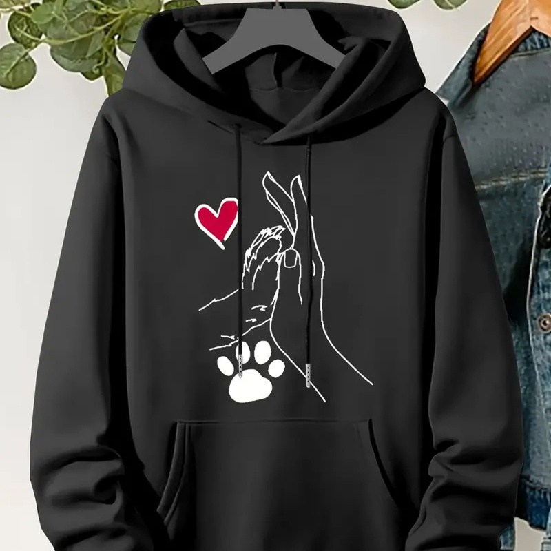 

Casual Hoodie With Heart & Paw Print - 100% Polyester Knit Fabric - Women's Pullover With Drawstring Hood For Fall And Winter - Geometric Pattern Hooded Sweatshirt