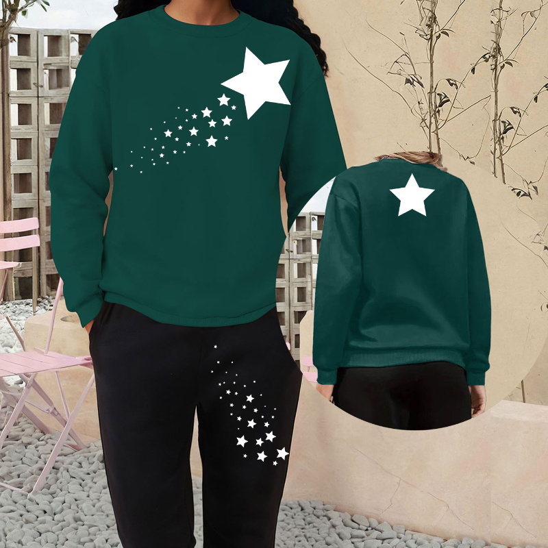 

Casual Knit Polyester Tracksuit Set For Women - Star Neck Sweatshirt And Joggers Pantsuit, Cartoon Pattern, Comfortable Fall/winter Two-piece Outfit