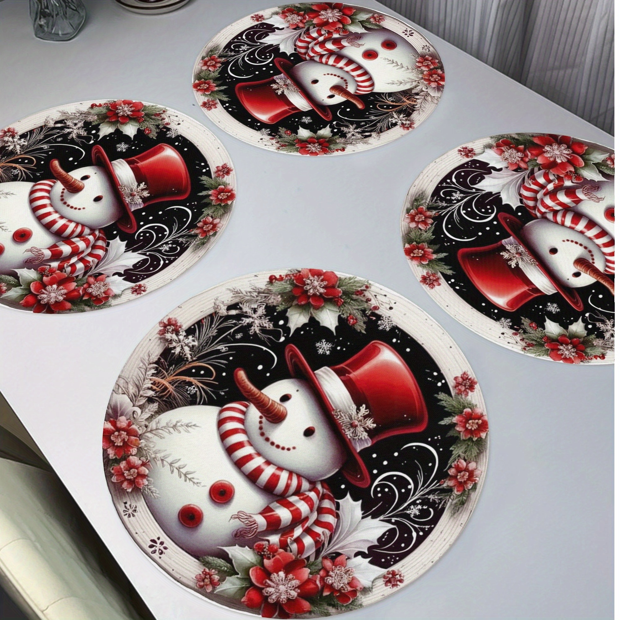 

4-pack Christmas Snowman Round Placemats, Polyester Knit Fabric, Non-slip, Only, Seasonal Table Mats For Holiday Banquet, Kitchen, Party, Hotel, Restaurant Dining Decor - 15