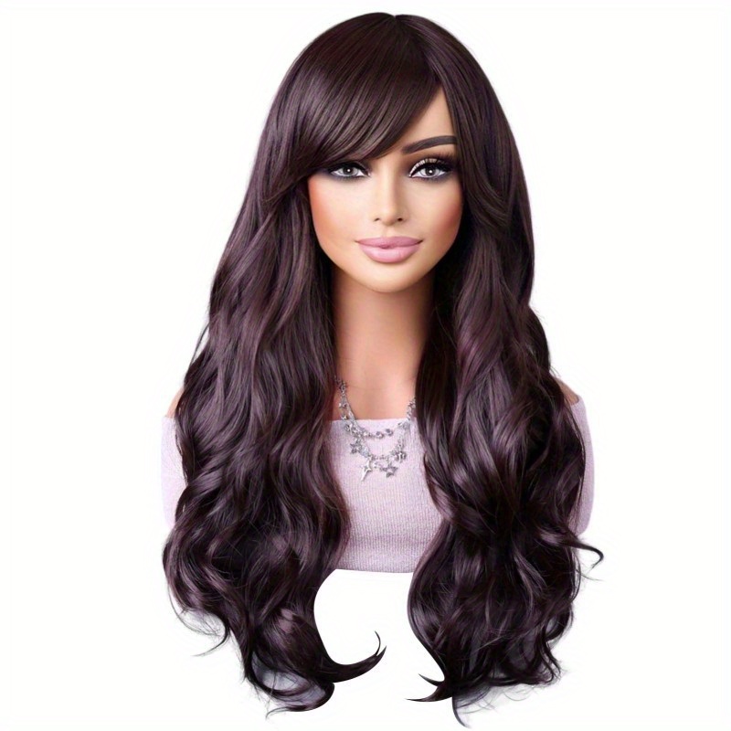 26-inch Long Synthetic Wig For Women, Featuring Curly Wavy Styles In Burgundy With Bangs, Suitable For Cosplay And Parties, And Heat Resistant