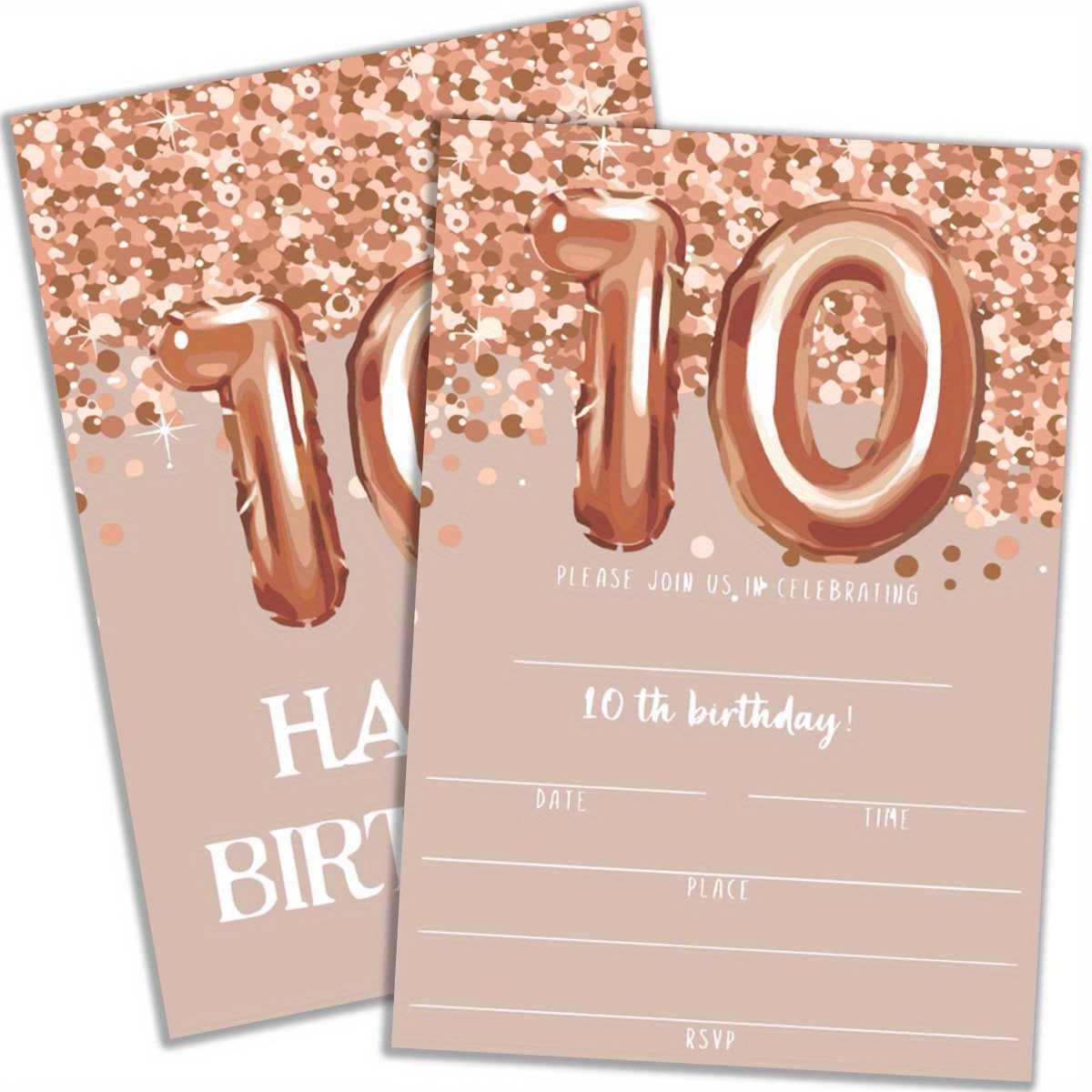 

20-pack Birthday Party Invitations For Kids – 10th Birthday Celebrations Cards With Envelopes – Unisex Rose Golden – Birthday For