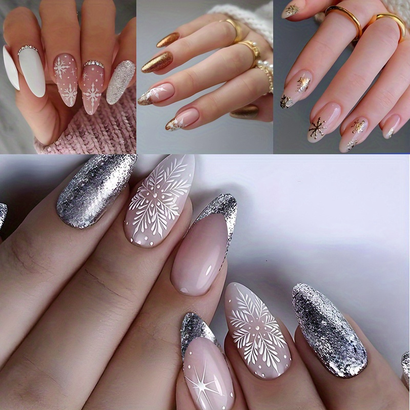 

96pcs (4 Pack) Christmas Press On Nails Medium Almond Fake Nails Snowflake False Nails With Rhinestone Designs Glossy Glue On Nails Pink Full Cover Stiletto Acrylic Nails For Women