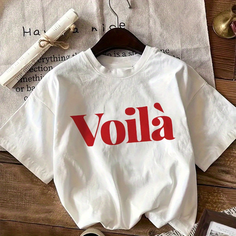 

Voila Neck T-shirt 100% Cotton Knit Fabric For Regular Length - Letter Print Short-sleeve Tee