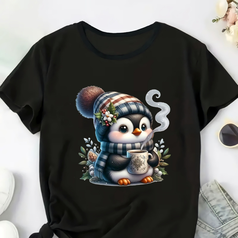 

Plus Size Cartoon Penguin Print T-shirt, Casual Short Sleeve Crew Neck Top For Summer & Spring, Women's Plus Size Clothing