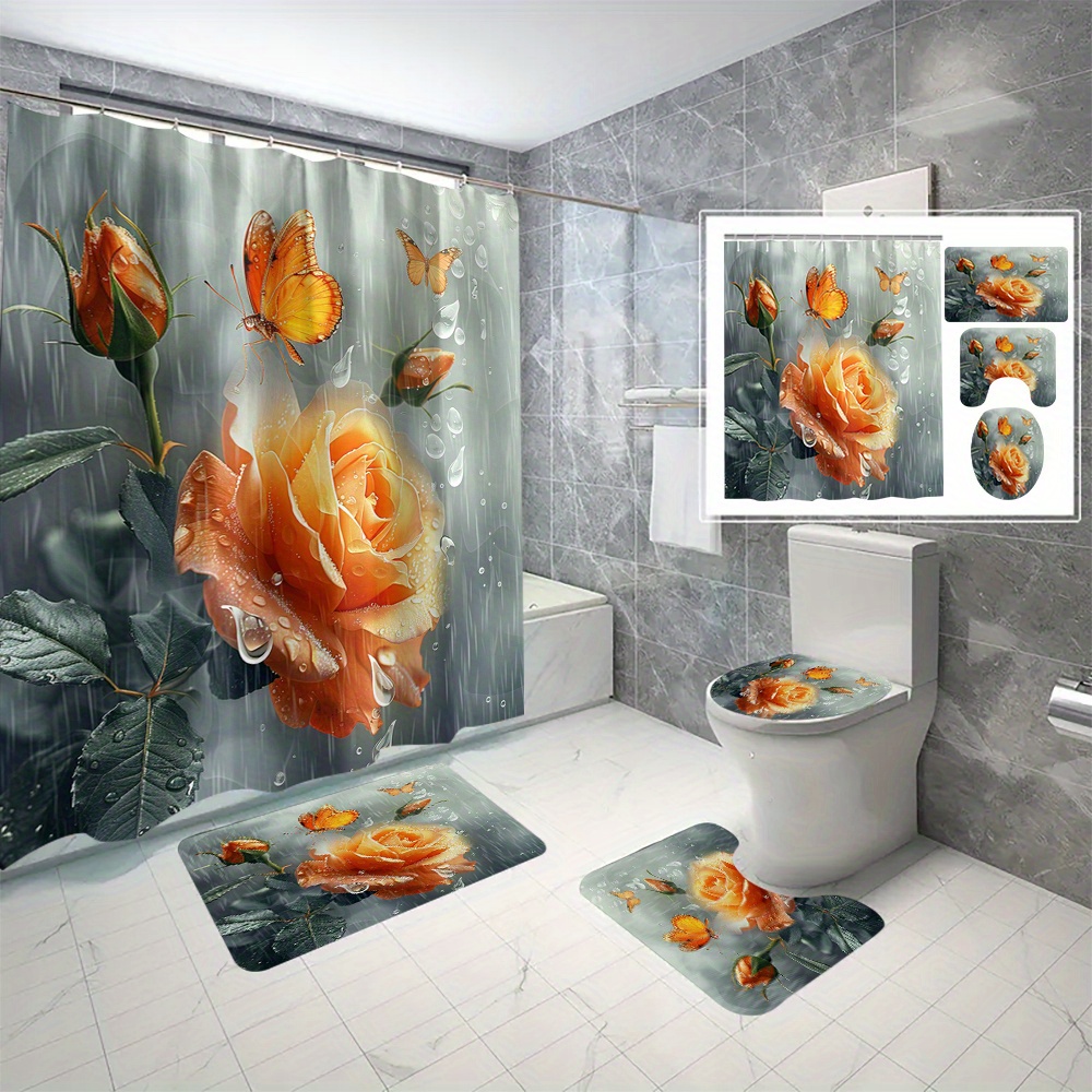 

1pc/2pcs/3pcs/4pcs/6pcs Polyester Shower Curtain No Punching Bathroom Curtain, For