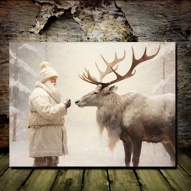 

1pc Wooden Canvas Painting Santa Claus And Reindeer Art Print Vintage Santa Winter Christmas Holiday Decor 11.8inx15.7inch, Room Decor