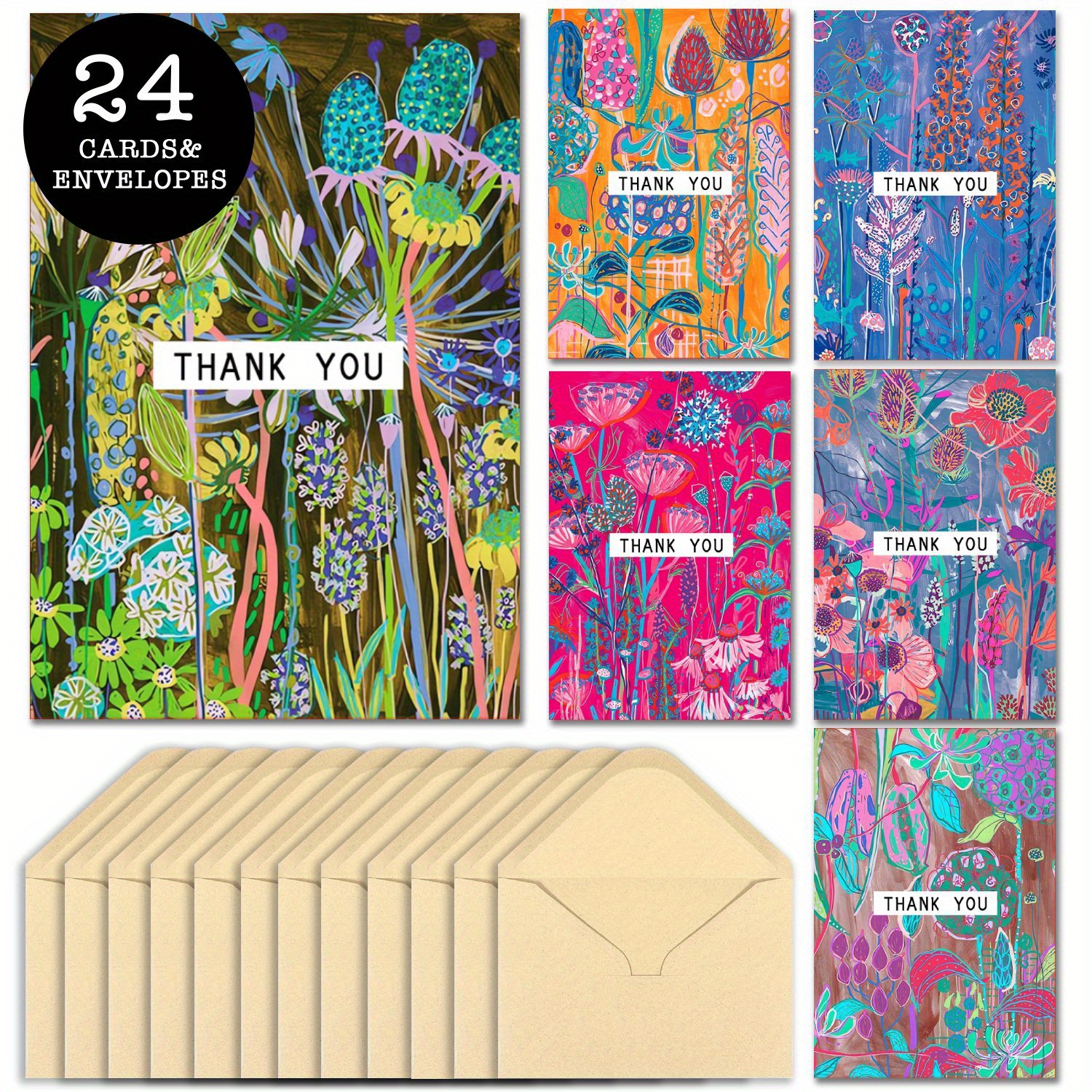 

24pcs Vintage Floral Thank You Card Set With Envelopes - Birthdays, Thanksgiving, Christmas & Greetings