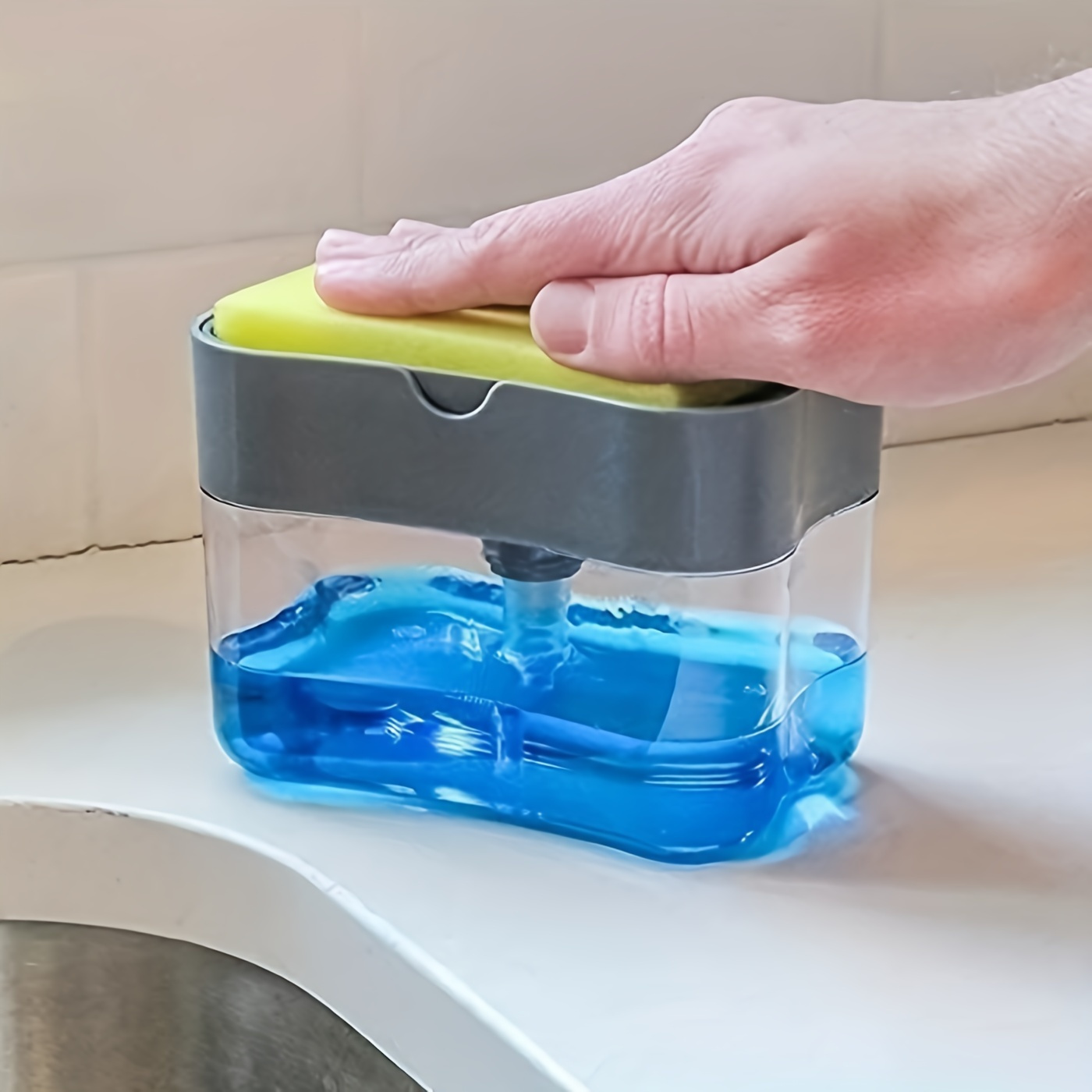 kitchen soap dispenser set with sponge holder and free sponge   plastic ideal for home cleaning easy refill   saving for countertop sink use details 0