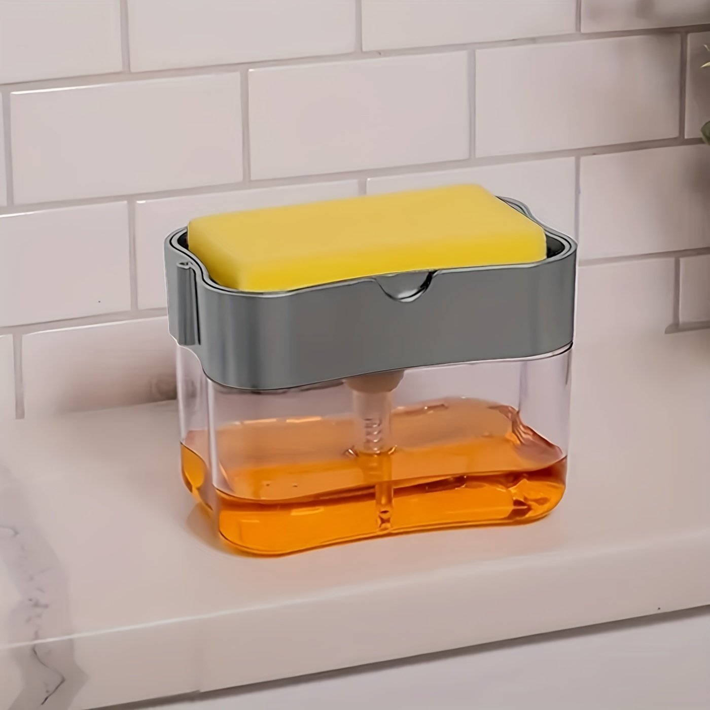 kitchen soap dispenser set with sponge holder and free sponge   plastic ideal for home cleaning easy refill   saving for countertop sink use details 3