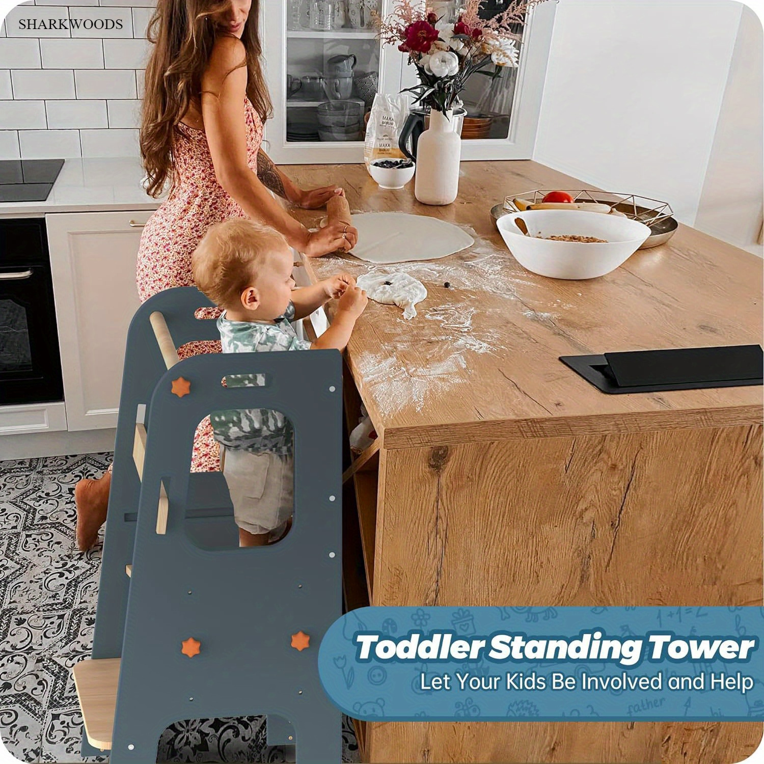 

Sharkwoods Toddler Tower Wooden Ladder Learning Tower, Toddler Kitchen Stool Helper With 3 Adjustable Height Feet Anti-drop Rail