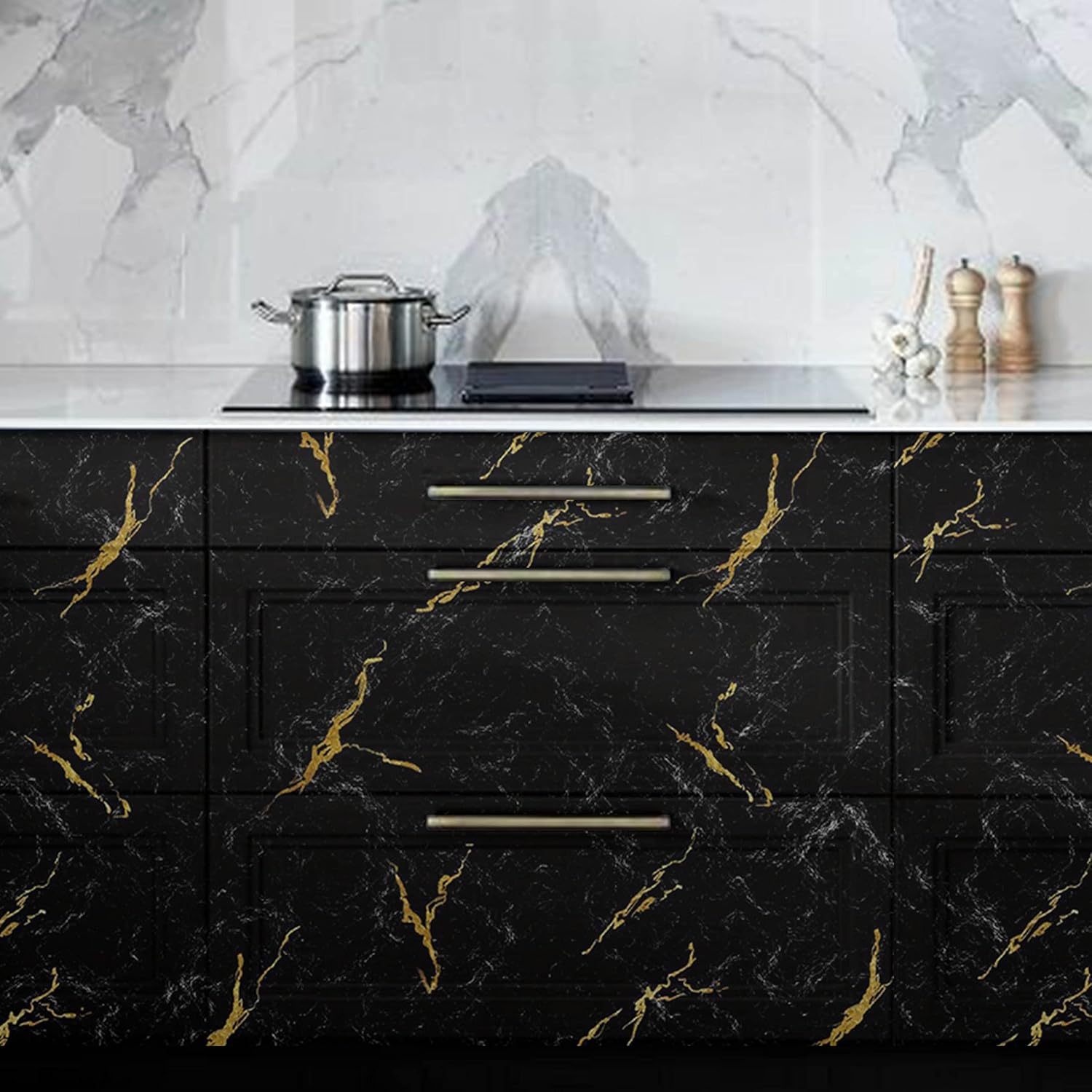 1pc Luxury Black Marble Vinyl Wallpaper - Self-Adhesive, Large Kitchen Backsplash with Golden Veins, 60cm x 5m, Easy Installation for Modern Home Decor, Modern Wallpaper | Marble Texture | Durable Wallpaper