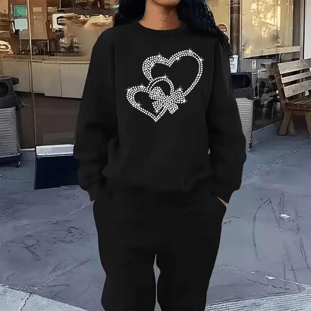 

Plus Size Casual Heart Pattern Sweatpants Set, Long Sleeve Crew Neck Sweatshirt & Fitted Bottom Pants Outfits, Women's Plus Size Clothing