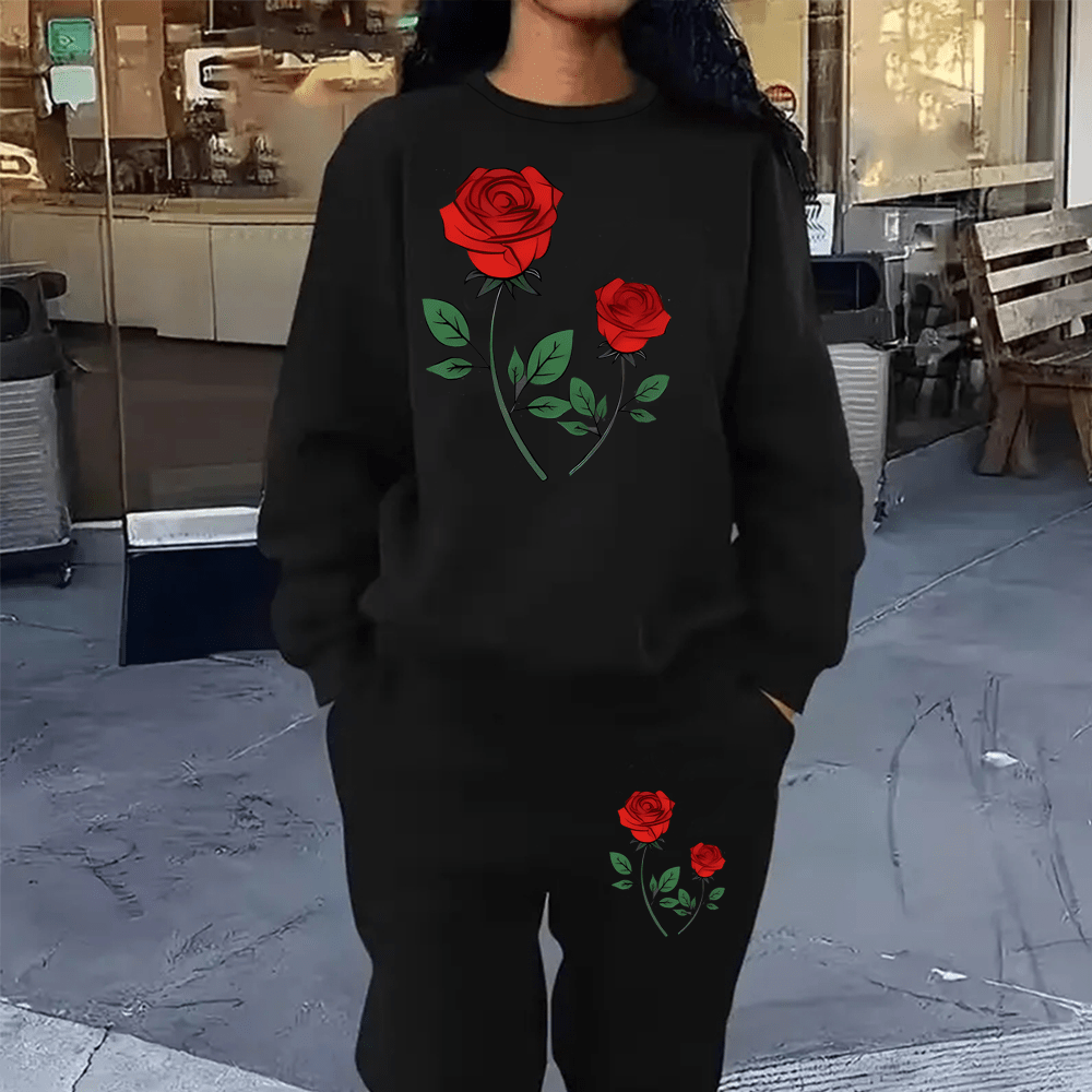 

Cozy Fleece-lined Floral Print Sweatshirt & Joggers Set For Women - Casual Round Neck Outfit, Machine Washable