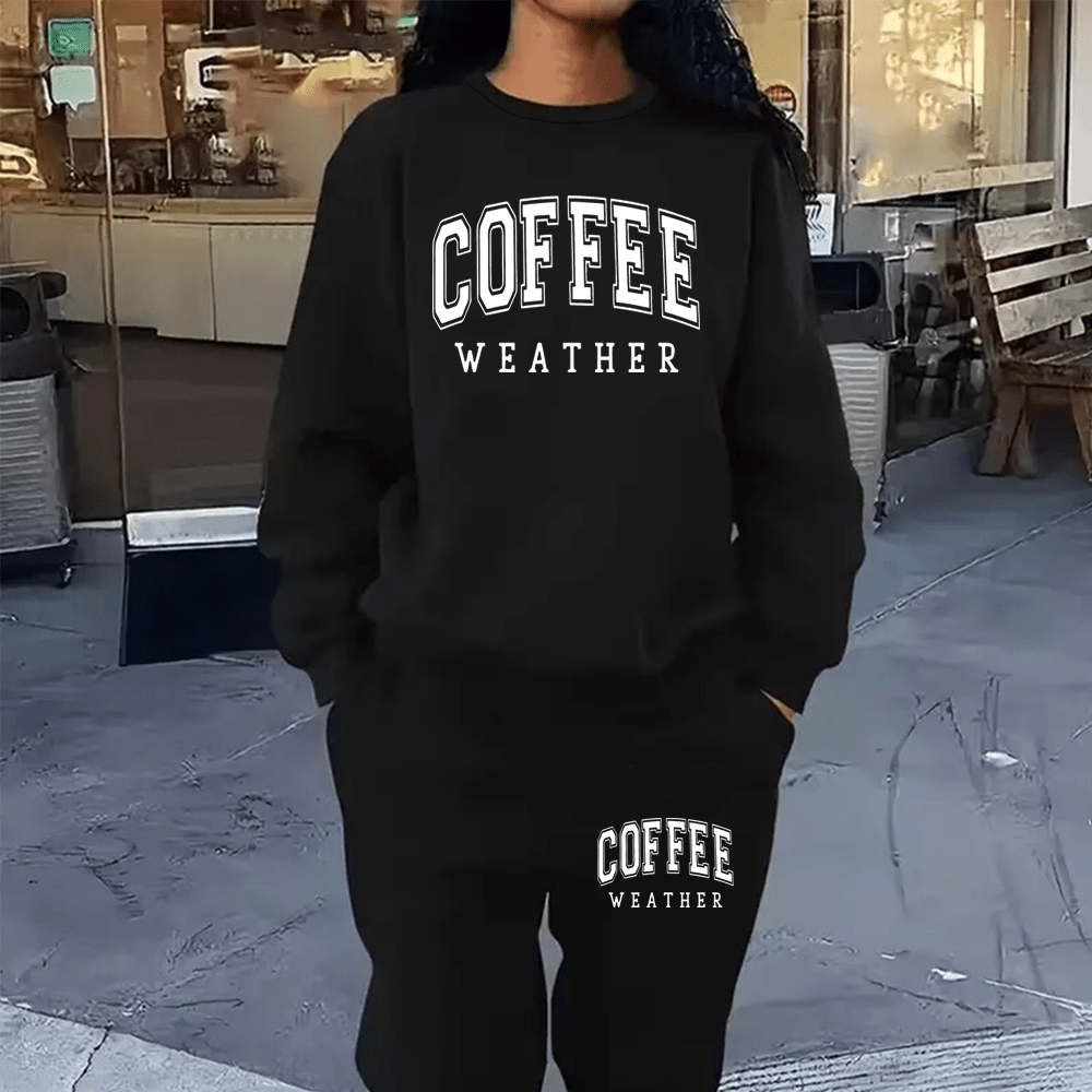 

Cozy Fleece-lined Women's Sweatshirt & Joggers Set - Casual Letter Print, Round Neck, Machine Washable